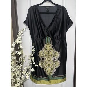 Lane Bryant Silky Beaded V-Neck Tie Back Dress‎ Plus Size 22 Black & Green Boho